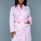 Full-length view of a pink waffle robe with a belted waist, designed for cozy lounging at home.