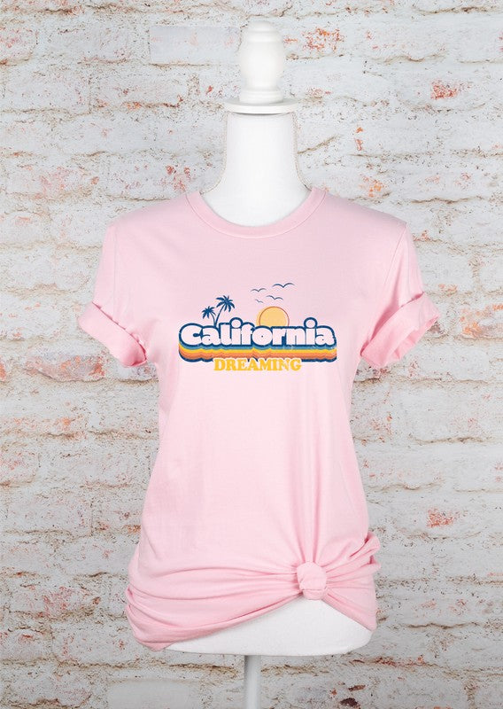 Pink California graphic t-shirt with palm tree and sunset illustration