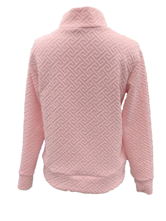 Casual pink half-zip sweater with embossed texture, ideal for cool weather.
