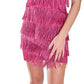 Full-length shot of a pink fringe dress, designed for parties and retro-inspired events.