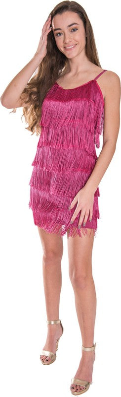 Full-length shot of a pink fringe dress, designed for parties and retro-inspired events.