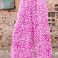 Pink leopard wide leg pants with relaxed fit and drawstring closure