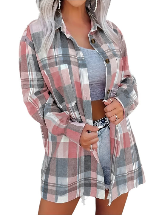 Women's pink plaid shacket with an oversized fit and button-down front.
