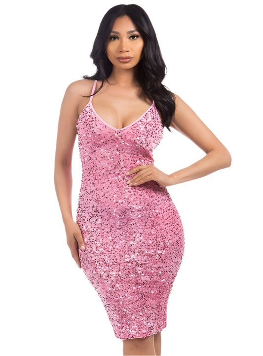 Front view of a pink sequin bodycon dress with spaghetti straps and a v-neckline.
