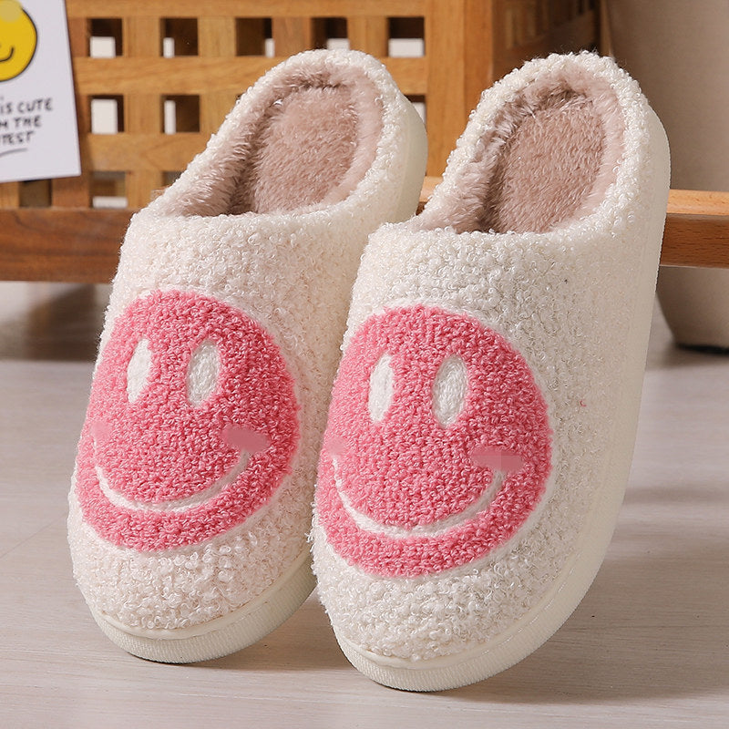 Pink smiley face indoor cotton slippers, plush and stylish
