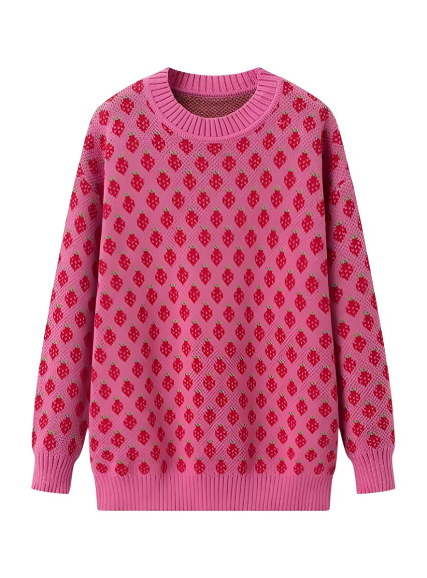 Front view of a playful pink sweater featuring a strawberry pattern, perfect for fun winter wear.

