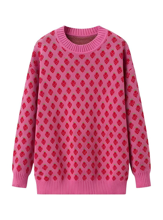 Front view of a playful pink sweater featuring a strawberry pattern, perfect for fun winter wear.

