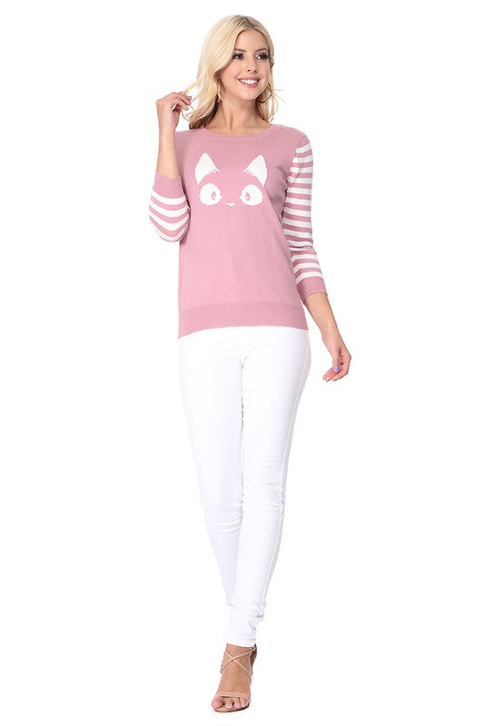 Soft cotton pink sweater with kitty face and fun striped sleeves.
