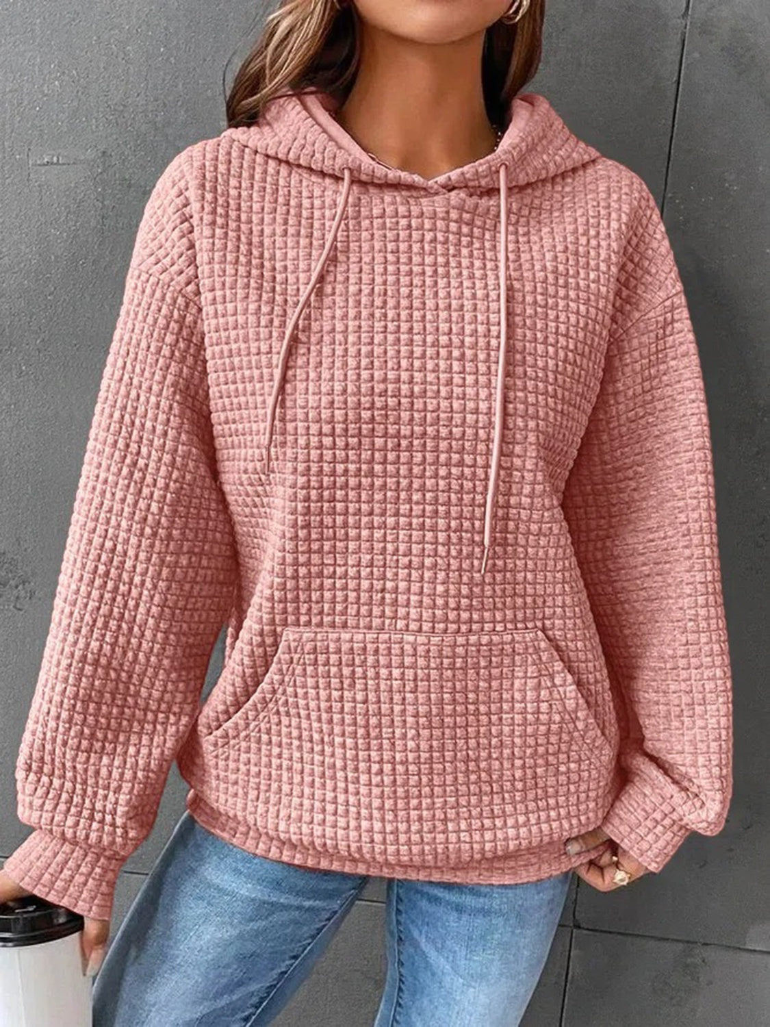 cozy pink waffle knit hoodie with kangaroo pocket
