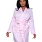 Front view of a pink waffle robe with a belted waist and patch pockets, ideal for plus-size lounging.
