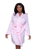 Front view of a pink waffle robe with a belted waist and patch pockets, ideal for plus-size lounging.
