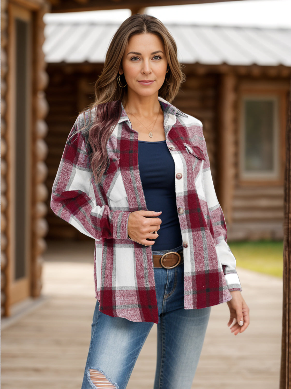 Burgundy plaid shirt showing functional chest pockets and soft fabric.
