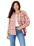 Pink and brown plaid button-up shirt with a collared neckline.
