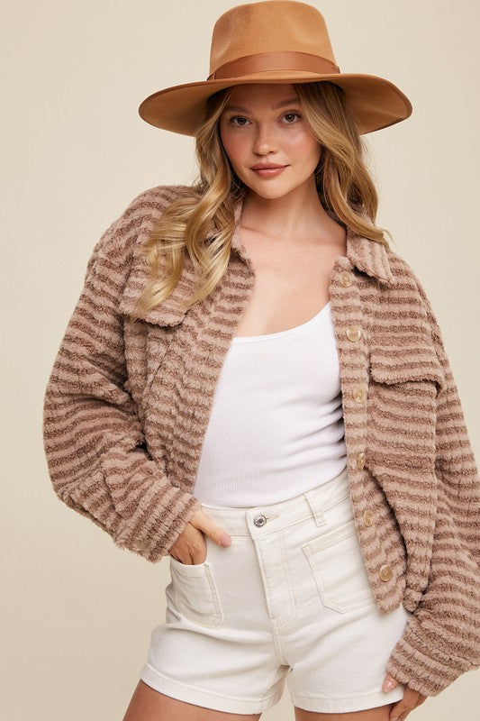 cozy mocha shacket with button closure and plaid design
