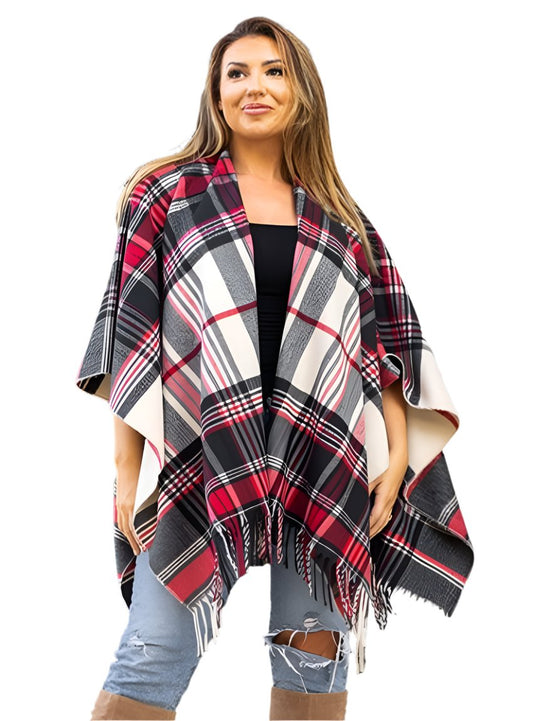 Stylish plaid shawl with fringe trim draped over shoulders.