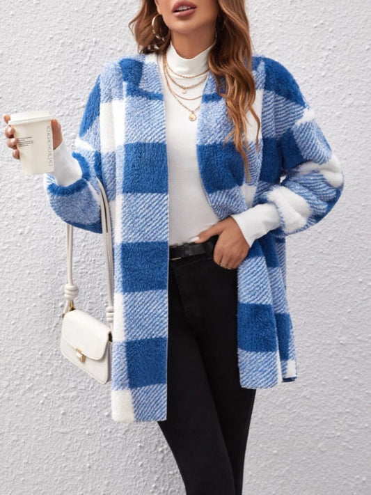 Blue plaid fleece jacket with a cozy hood, comfortable fit
