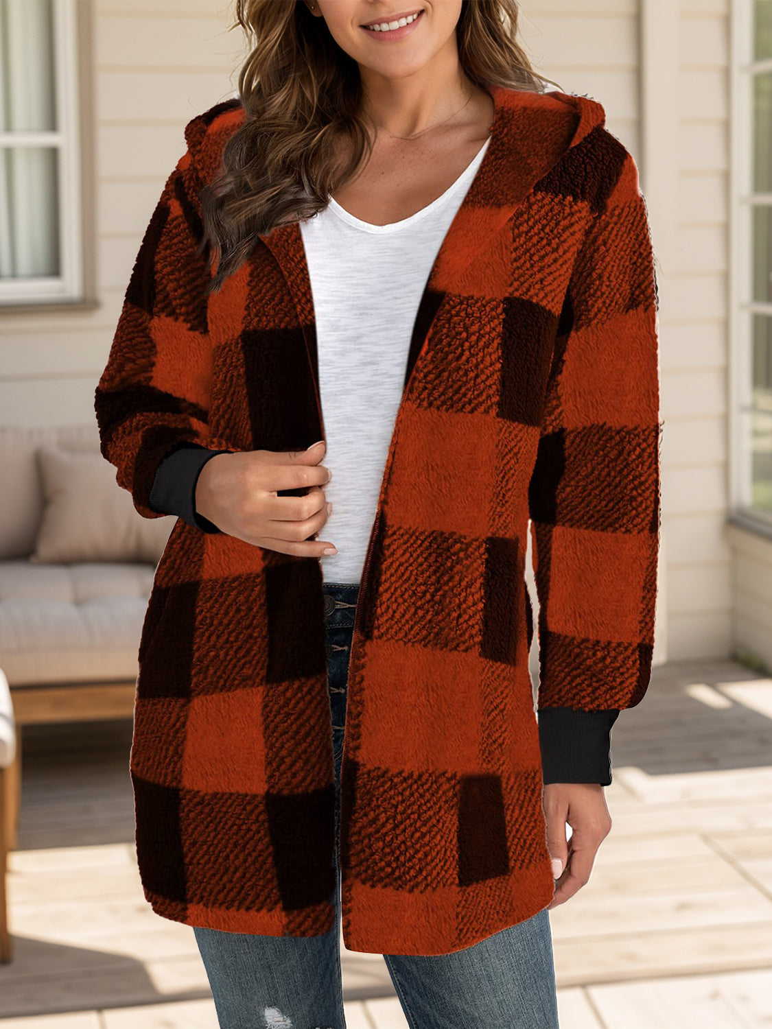 Burgundy checkered hooded fleece jacket, classic plaid design
