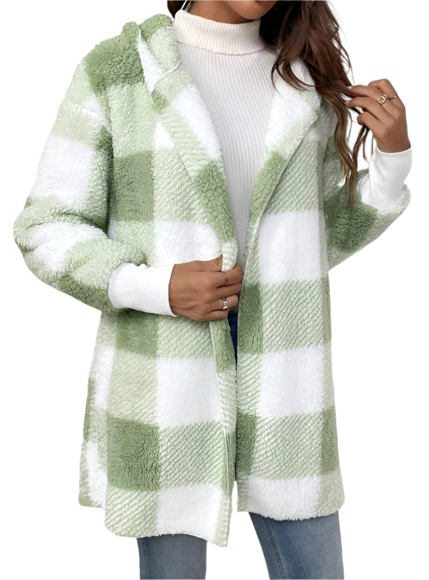 Light green plaid hooded jacket, soft and cozy for chilly days
