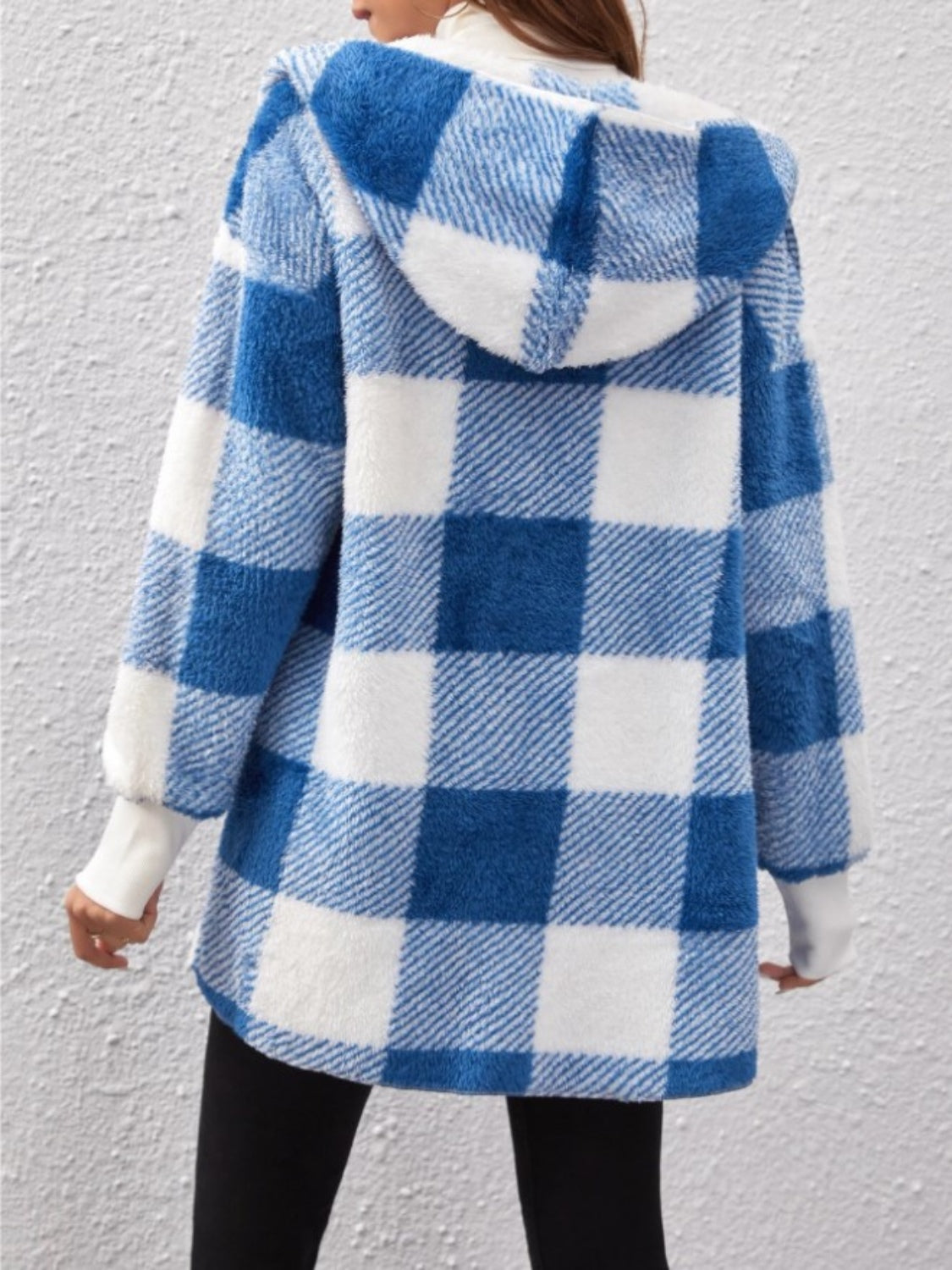 Plaid hooded jacket with open front, casual and comfortable fit
