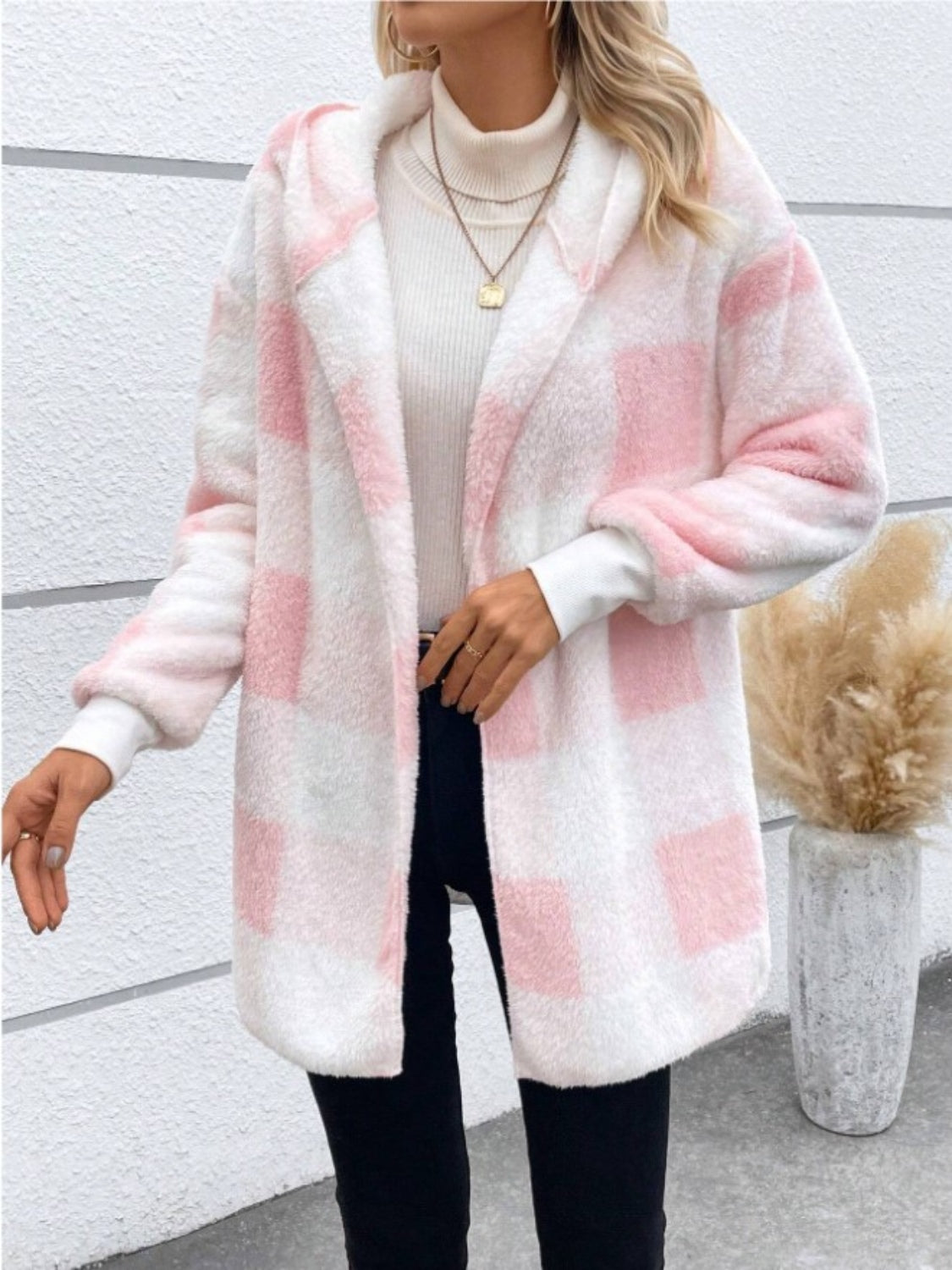 Pink hooded plaid jacket, casual fleece outerwear for women
