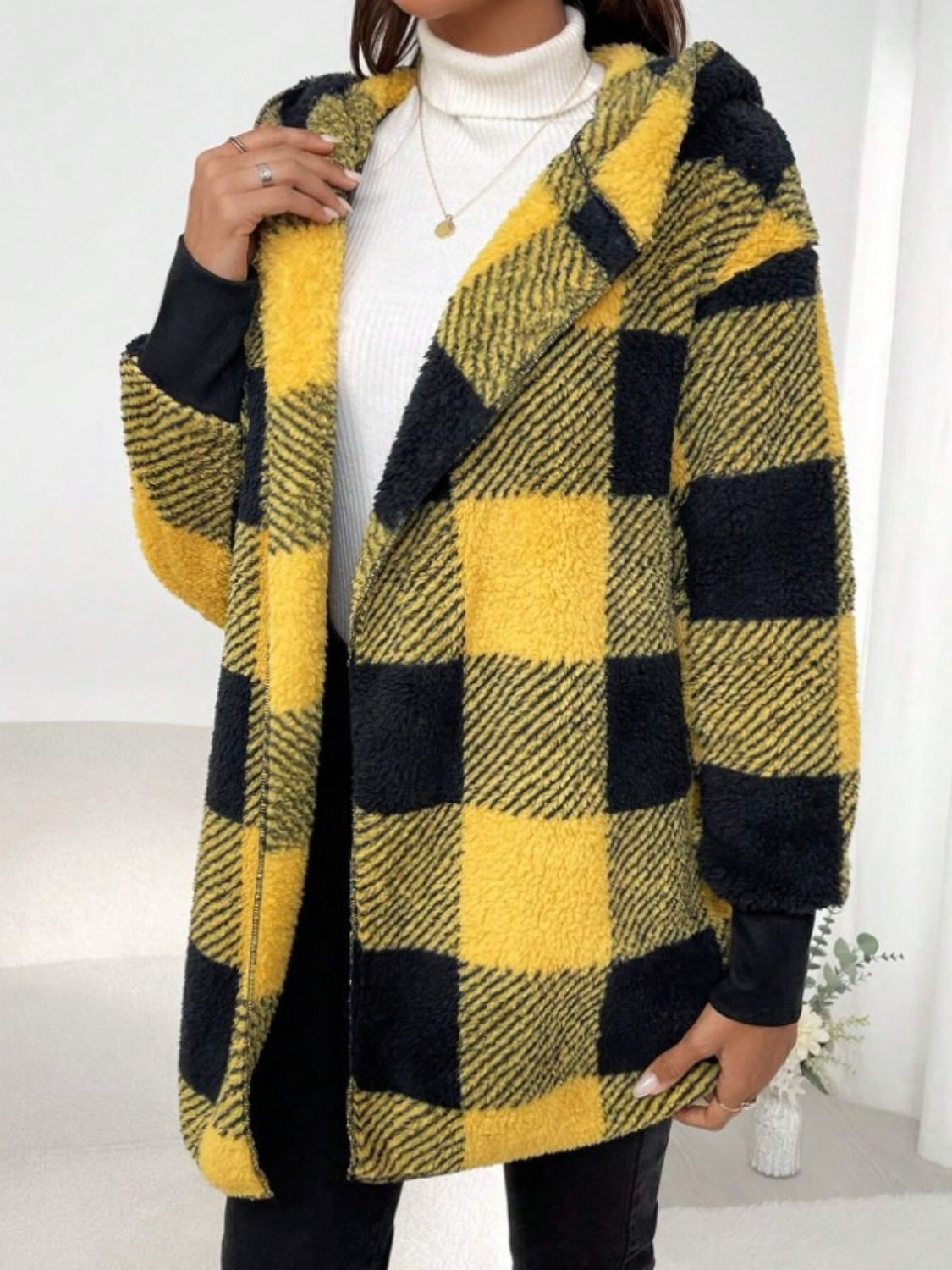 Yellow checkered fleece jacket with hood, bright and stylish
