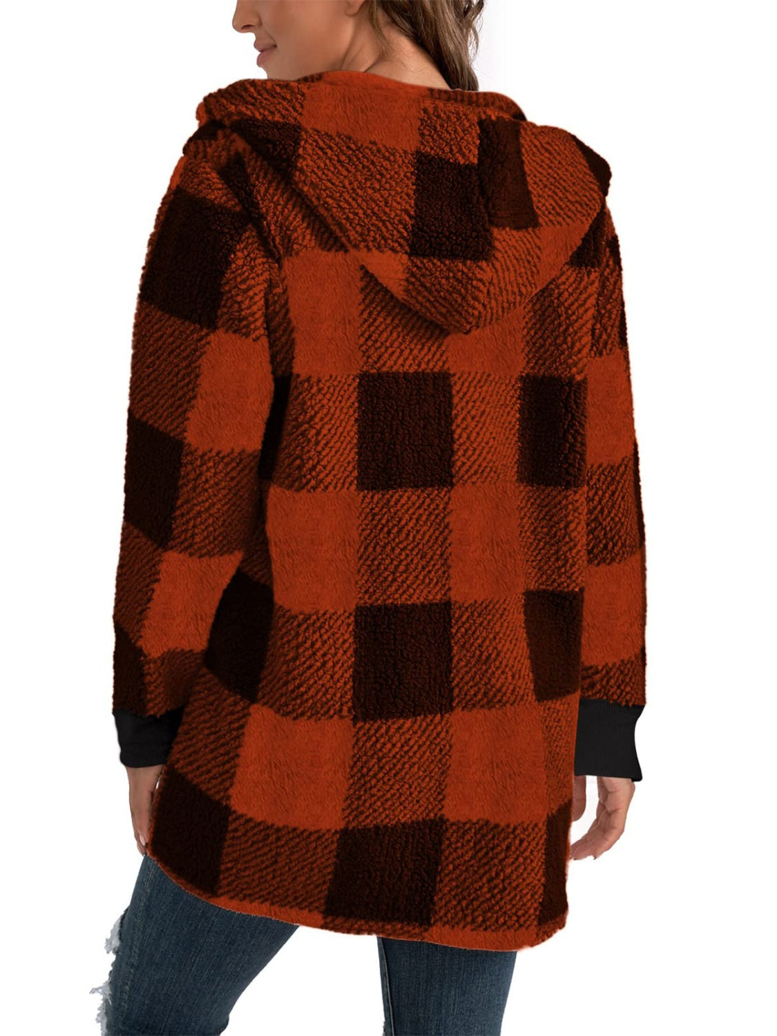 Burgundy checkered hooded fleece jacket, classic plaid design
