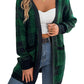 Front view of dark green plaid open-front cardigan with pockets
