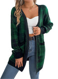 Front view of dark green plaid open-front cardigan with pockets
