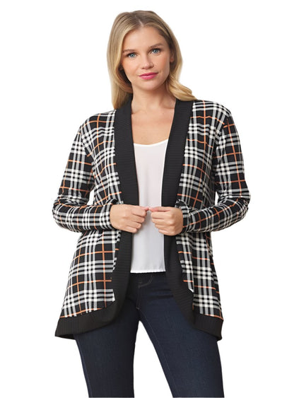 Front view of plaid open-front cardigan in black, white, and orange