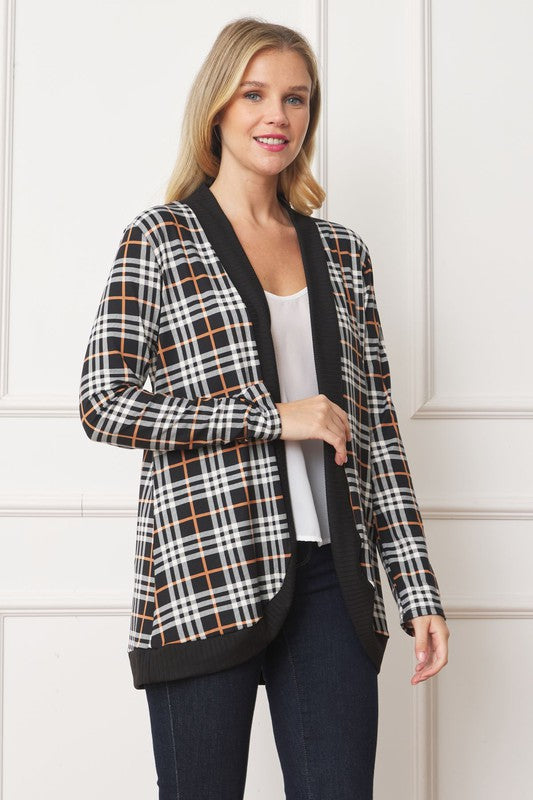 Side view of plaid open-front cardigan with black trim