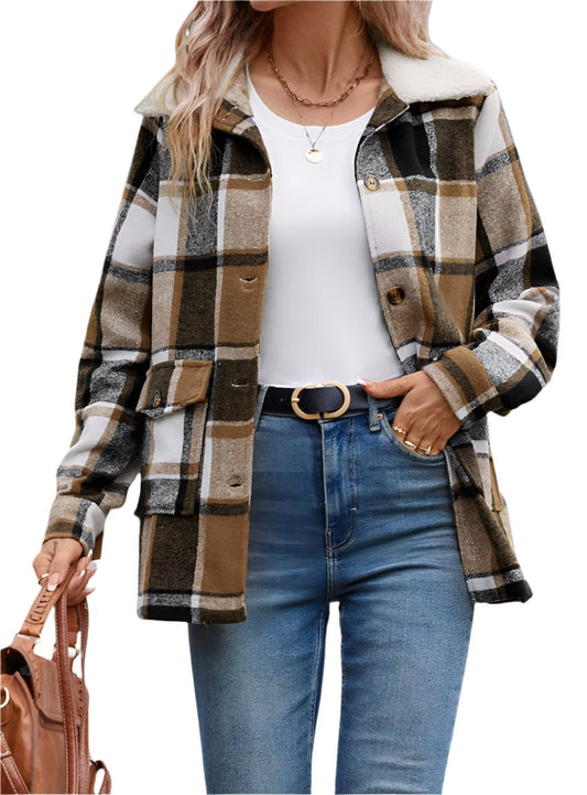 Woman wearing plaid shacket in neutral tones
