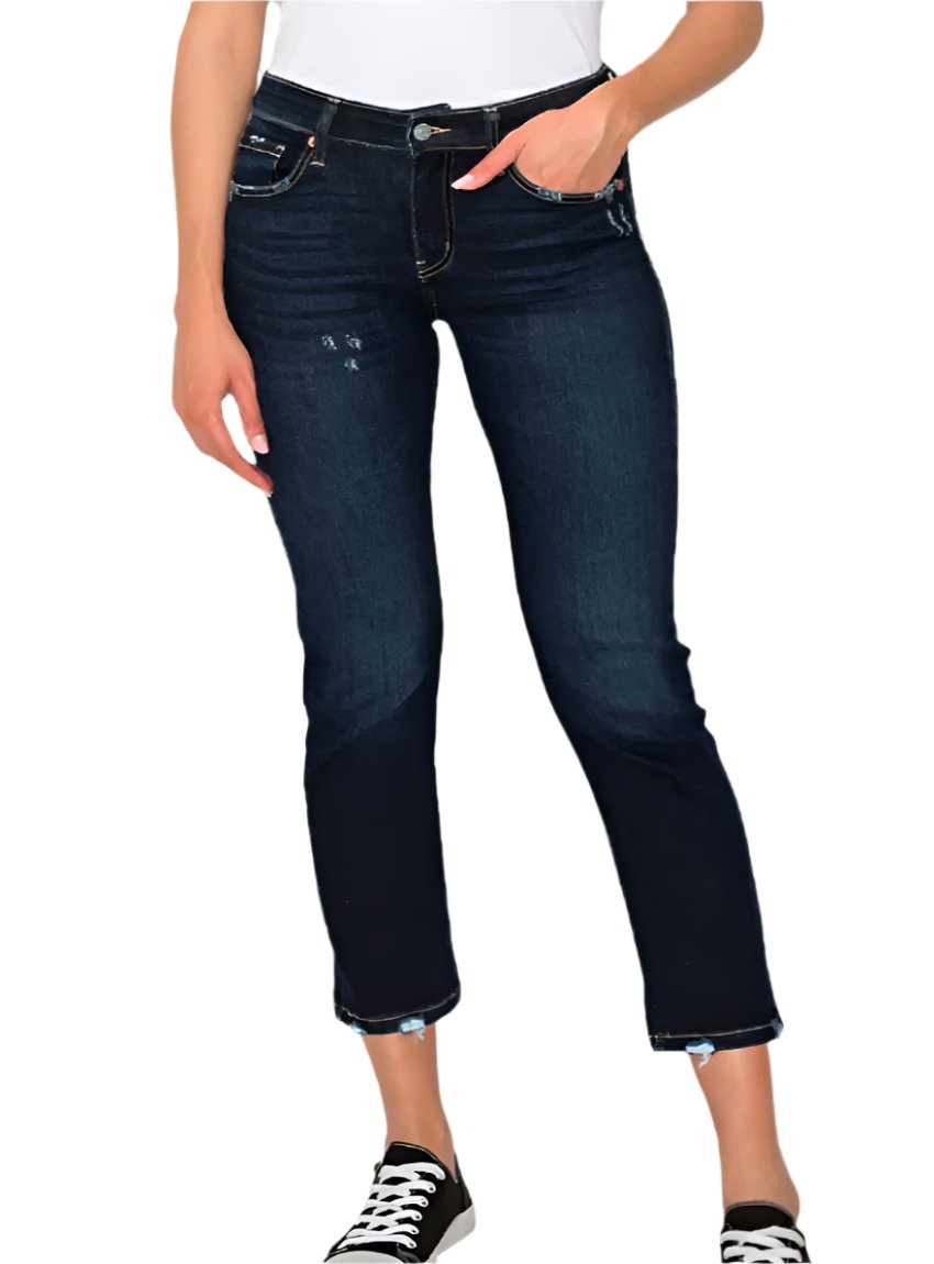 Plus-size woman wearing Artemis high-rise skinny straight jeans in dark wash.