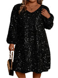 Plus-size black sequin dress with bubble sleeves, front view