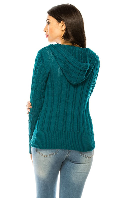 Plus Size Classic Cable Knit Button-Up Cardigan in turquoise, showcasing the soft, textured fabric and comfortable fit.