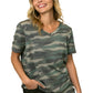 Woman wearing a plus-size camouflage V-neck top with a relaxed boxy fit, styled with casual shorts.
