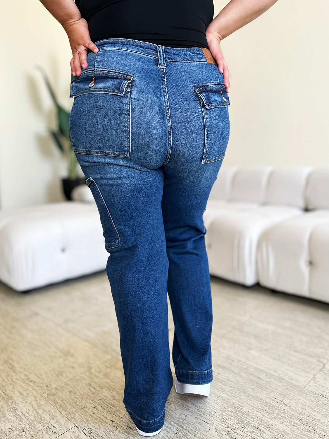 Back view of durable Judy Blue Cargo Pocket Jeans with extra storage.