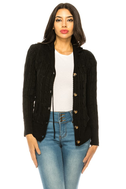 Front view of the Plus Size Classic Cable Knit Button-Up Cardigan in black, featuring a cozy cable knit design and button-up front.