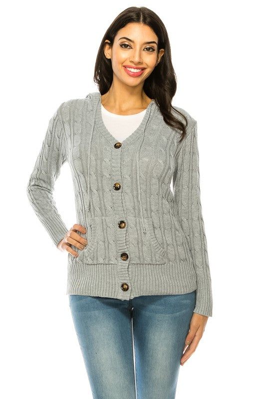 Plus Size Classic Cable Knit Button-Up Cardigan in gray, showcasing the soft, textured fabric and comfortable fit.