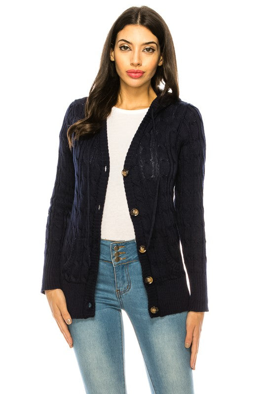 Front view of the Plus Size Classic Cable Knit Button-Up Cardigan in navy, featuring a cozy cable knit design and button-up front.