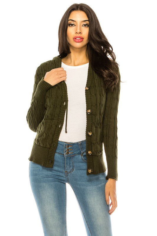 Front view of the Plus Size Classic Cable Knit Button-Up Cardigan in olive, featuring a cozy cable knit design and button-up front.