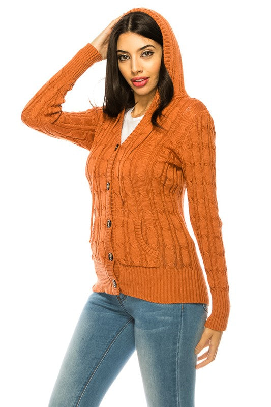 Plus Size Classic Cable Knit Button-Up Cardigan in orange, showcasing the soft, textured fabric and comfortable fit.