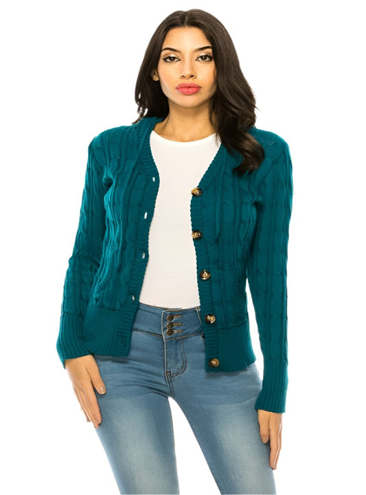 Front view of the Plus Size Classic Cable Knit Button-Up Cardigan in turquoise, featuring a cozy cable knit design and button-up front.