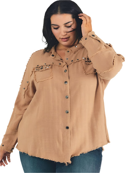 Plus-size distressed hem oversized shirt in camel color with button-down closure.
