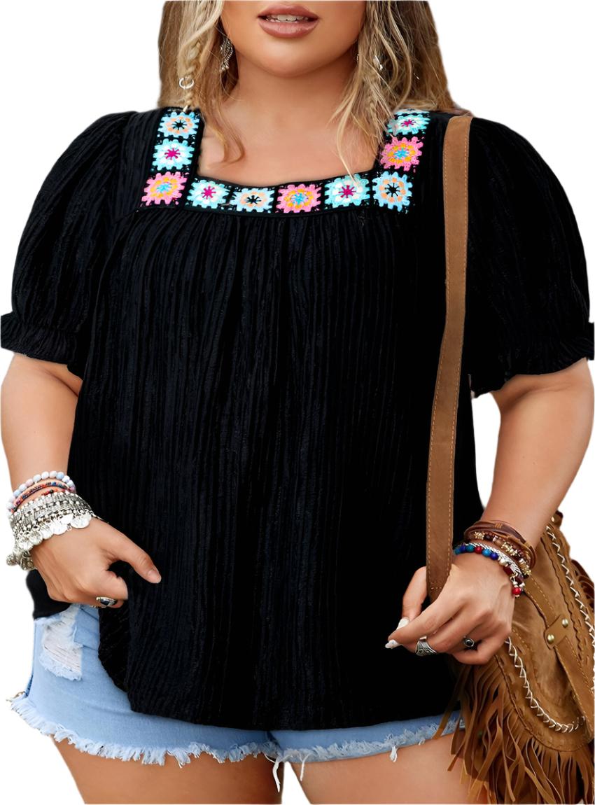 Plus Size Floral Crochet Square Neck Ruffled Top - Whimsical Bohemian Fashion