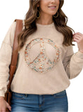 Plus size floral peace sign sweatshirt in neutral tones, front view.
