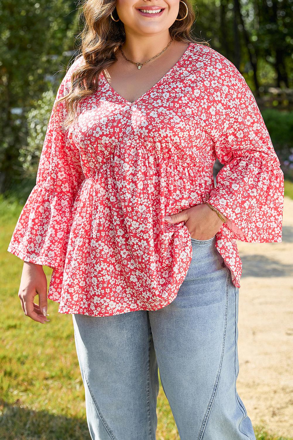 Plus Size Flowy Flared Sleeve Floral V-Neck Blouse – Appalachian Fashion