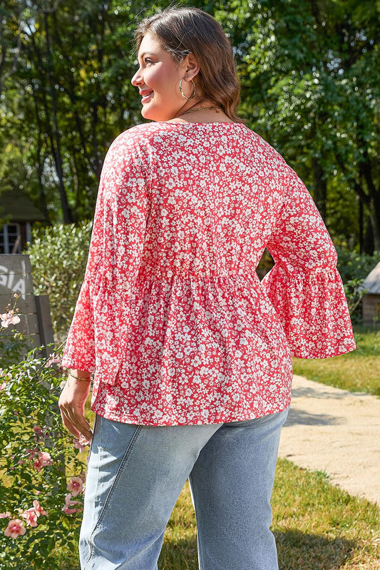 Plus Size Flowy Flared Sleeve Floral V-Neck Blouse – Appalachian Fashion