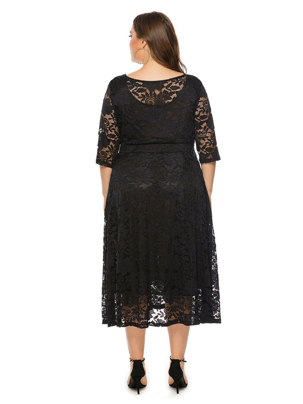 Self-patterned lace midi dress with a flattering silhouette in black.
