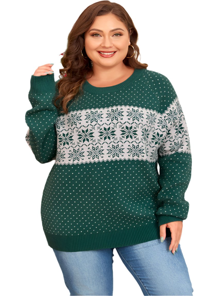 Woman wearing a green plus-size sweater with fair isle snowflake design.
