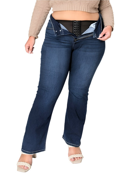 Front view of Artemis vintage plus size high rise corset bootcut jeans in dark stonewash.
